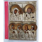 Икона четырехчастная, первая половина 19 века. Сюжеты: Казанская Богородица, Николай Чудотворец, раннехристианские святые и преподобные: Ирина и Евдокея, Антипий и Праскева. Оклад. См.описание.