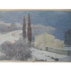 ЧИСТАЯ СТАРАЯ ОТКРЫТКА ПОЛЬСКАЯ ЖИВОПИСЬ ПРИБРЕЖНЫЙ НОЧНОЙ ГОРОД