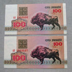 Б05-0686 100 Рублей Беларусь 1992 Серия АЯ UNC 2 купюры из одной пачки