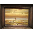 Картина старая. Масло .  Море . Корабль