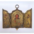Антикварный трехстворчатый складень (дорожная икона) Господь Вседержитель, Преподобный Сергий Радонежский, Святая мученица царица Александра