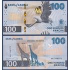 Замбия, 100 квача 2024 г., P-W65 (AA, орлан-рыболов, водопад Виктория, жирафы), UNC