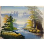 Картина природа. Красивая картина на фанере. Деревья, водопад