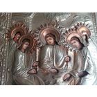 Икона Троица Ветхозаветная Живоначальная. Оклад, доска. 31 см на 27 см. Торги с 1 рубля. МЦ.