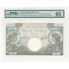 Франция 1000 франков 1940 года. Тип Р-96а. Состояние UNC. В слабе PMG 63