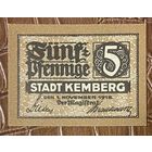 Нотгельд 5 пфеннигов 1918 год. Кемберг. Веймарская республика