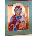 Рукописная икона "Богородица с младенцем Иисусом Христом", без киота. размер 30х25.  серебрение левкас яичная темпера золочение.