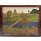 Данелия П.А;1983г;Х/М"Этюд с рекой и лошадками"; Размер 41х55см.