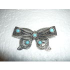 Антикварная Серебряная Брошь Бант С Бирюзой Филигрань