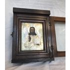 Старинная Икона, Господь Вседержитель, оклад серебро 84 пробы, Киот. Состояние Люкс!