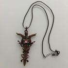 Подвеска винтажная " Меч дракона" в стиле фэнтези. Сталь. Медь. Розовый кварц. Гравировка. 8,5х4,5 см. 42 см..