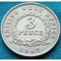 Британская Западная Африка. 3 пенса 1947 год  KM#21  Тираж: 5.106.000 шт  Отметка монетного двора: "H" - Хитон, Бирмингем