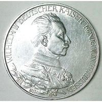 ГЕРМАНИЯ ПРУССИЯ 3 марки 1913 год "ВИЛЬГЕЛЬМ II - 25 лет Правления" (серебро) - ОСТАТКИ БЛЕСКА!