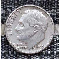 США 10 центов 1964 года, D. AU. Дайм. Франклин Делано Рузвельт. Серебро! Сторгуй за свою цену, предложи обмен!