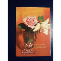 Примите наши поздравления! Розы в вазе.  1970 г.  подписанная.  двойная.