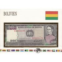 Боливия 1000 боливиано 1982 (UNC, банкнота в конверте)