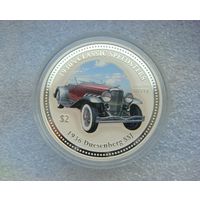 2 доллара 2006. Острова Кука. 1936 Duesenberg SSJ. Автомобиль ретро. Королева Елизавета II. Серебро 999 пробы. Вес 31,5 (1 унция).
