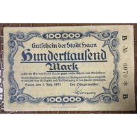 Банкнота 100000 марок 1923 год. Хаан. Веймарская республика