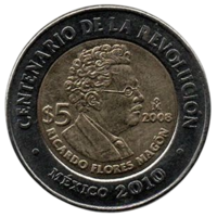 МЕКСИКАНСКИЕ СОЕДИНЁННЫЕ ШТАТЫ. 5 ПЕСО 2008. Рикардо Флорес Магон. Столетие революции. БИМЕТАЛЛ