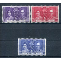 Британские колонии - Гренада - 1937г. - коронация короля Георга VI и королевы Елизаветы - 3 марки - полная серия, MLH, MNH, 1 марка с пожелтением клея [Mi 120-122]. #2-Bc-D-KS-3