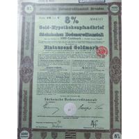 Германия, Дрезден 1927, Залоговое письмо, Облигация, 1000 Голдмарок -8%, Водяные знаки, Тиснение. Размер - А4