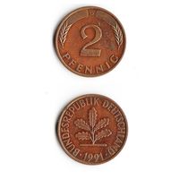 2 пфеннига Германия 1991 года(D)