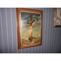 Старая картина с чердака Распятие Иисуса Христа на холме Голгофа.