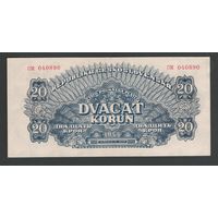 Чехословакия 20 крон 1944 года. Без перфорации. Тип Р-47. Состояние aUNC