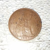 1 пенни 1967 года Великобритания. Королева Елизавета 2. Красивая родная патина!
