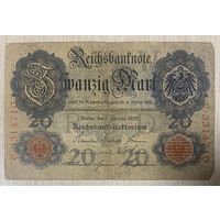 Банкнота 20 марок 1908 год. Германская империя. С рубля без МЦ.