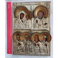 Икона четырехчастная, первая половина 19 века. Сюжеты: Казанская Богородица, Николай Чудотворец, раннехристианские святые и преподобные: Ирина и Евдокея, Антипий и Праскева. Оклад. См.описание.