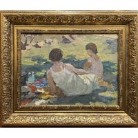 Ахремчик И.О "На отдыхе", 1952г . Картон, масло. Размер с рамой 57х47 см.
