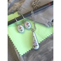 Серьги двухсторонние с кулоном скань, финифть, винтаж, СССР, мельхиор