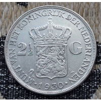 Нидерланды 2 1/2 гульдена 1930 года. Королева Вельгельмина. Серебро. Сторгуй за свою цену, предложи обмен! Y65