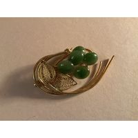 Брошь Веточка Нефрит Скань Германия винтаж