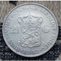 Нидерланды 2 1/2 гульдена 1932 года, AU. Королева Вельгельмина. Серебро. Сторгуй за свою цену, предложи обмен! S65