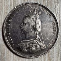 Монета 1 шиллинг 1887 год. Великобритания. Королева Виктория. Новый портрет с короной.
