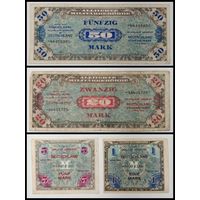 Банкнота  50 марок, 20 марок, 5 марок, 1 марок, 1944 год. Германия. Одним лотом 4 банкнот. С рубля