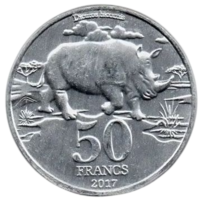 Государство Катанга. 50 франков 2017. Фауна. Носорог. unusual