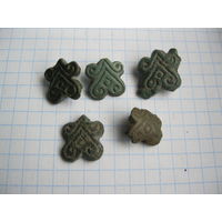Старинные накладки на кожу, ткань. 5 шт. Бронза, литье.
