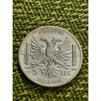 Албания 5 лек 1939 г ( Витторио Эмануэле lll Итальянская Оккупация Серебро )