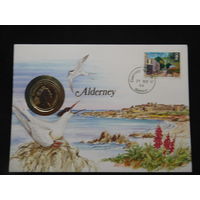 10 пенсов 1988 Гернси, Олдерни Великобритания, птицы животные фауна конверт первого дня КПД