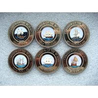 1 доллар 2006. Комплект монет 6 штук. Острова Кука. Парусники. Боевые корабли. Медь-никель.