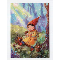 Открытка почтовая. Осень. Дети. Девочка. Грибы. Лес. Худож. А.Столбова (чистая)