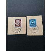 ГДР 1955 Две вырезки марок серии (неполная) "Год Шиллера. К 150-летию со дня смерти Фридриха Шиллера" (спецгашение) Mi.464а-466а каталог 1.60 евро