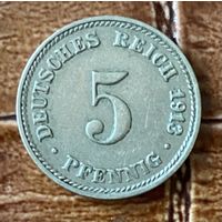 Монета 5 пфеннигов 1913 год. Вильгельм II. Монетный двор Мюнхен. С рубля без МЦ.