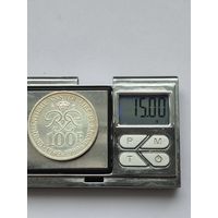 100 франков 1999 года. Монако, Монегасский франк (Ренье III). Серебро 900. Монета не чищена. L45573.