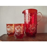 Кувшин рубиновые Звёзды (объём 1.5 л) и 2 стакана (250 мл). СССР