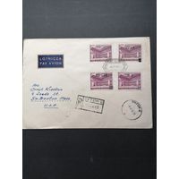 Польша 1956 Конверт прошедший почту с полной серией марок "Надпечатки четырех номиналов на марках "Год ренессанса"Mi.822" (спецгашение) Mi.970-973 каталог 4.20 евро