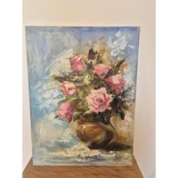 Картина маслом, холст на картоне, 30х40см, "Розовые розы"